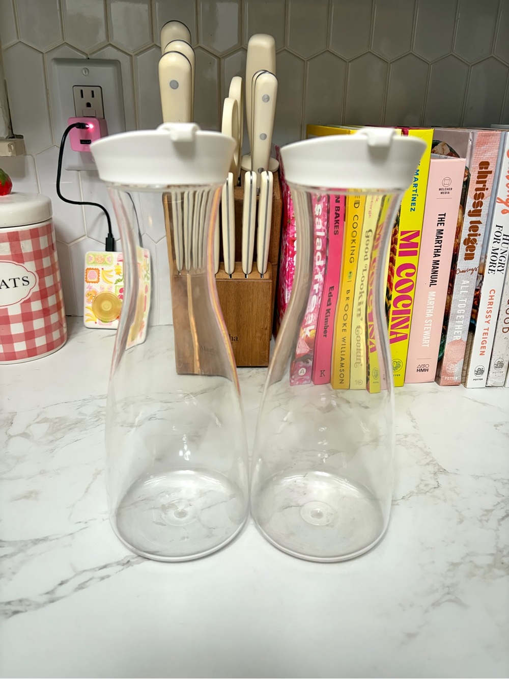 Clear Hard Plastic Water Carafe with White Lid - Set of 2